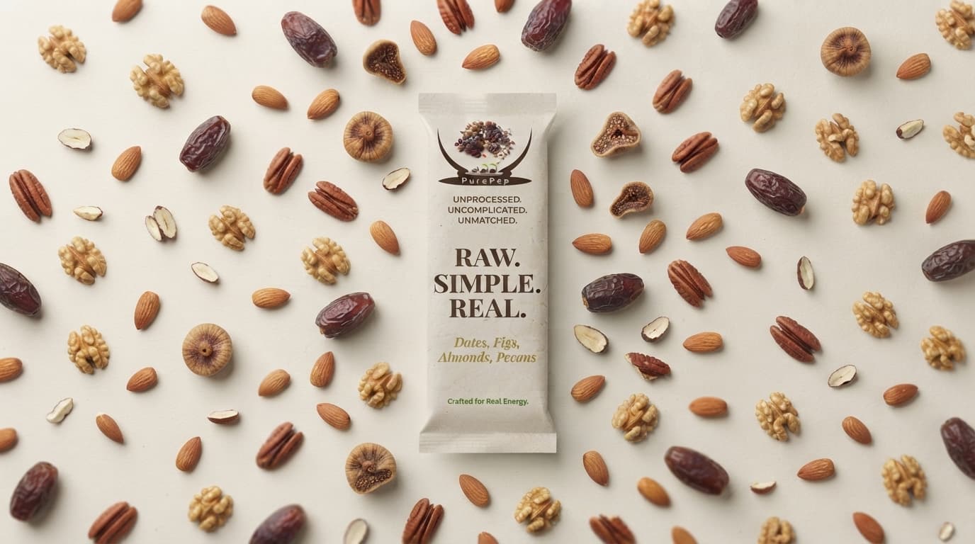 Overhead flatlay of dates, figs, almonds, pecans, and walnuts arranged around a PurePep energy bar wrapper.