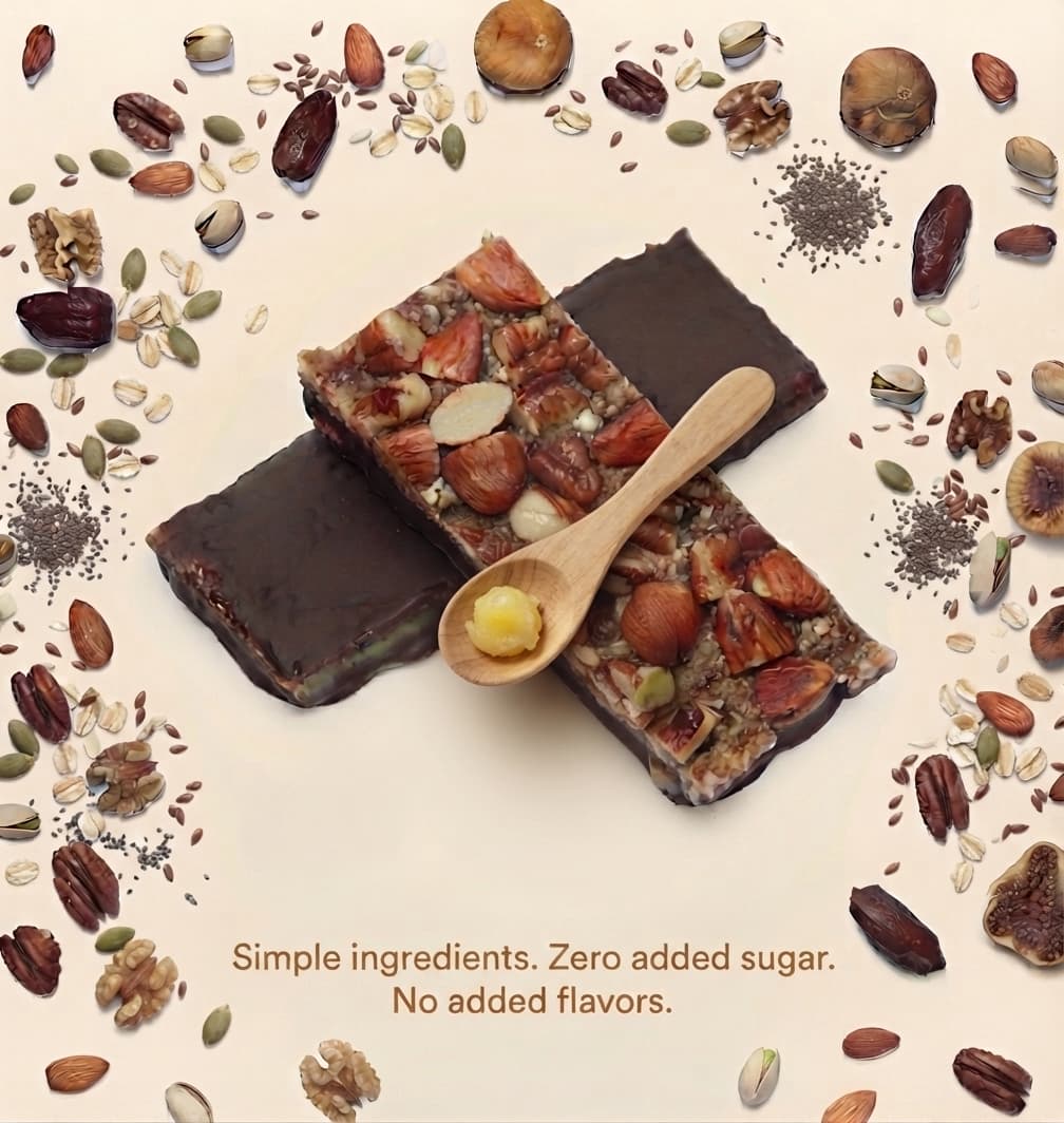 Two stacked chocolate-topped PurePep energy bars studded with pecans, almonds, and hazelnuts, with a wooden spoon holding a dollop of ghee, ringed by dates, figs, walnuts, pistachios, oats, and seeds.
