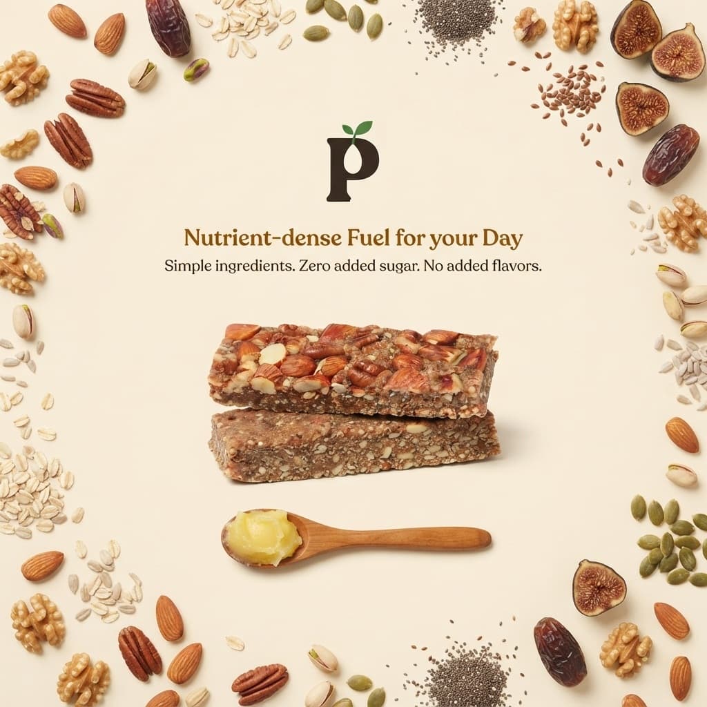 Two stacked chocolate-topped PurePep energy bars studded with pecans, almonds, and hazelnuts, with a wooden spoon holding a dollop of ghee, ringed by dates, figs, walnuts, pistachios, oats, and seeds.
