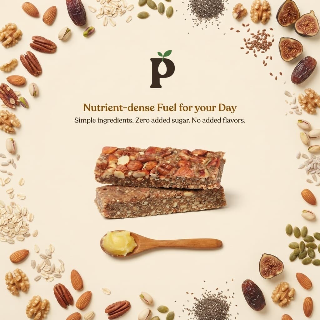 Two stacked chocolate-topped PurePep energy bars studded with pecans, almonds, and hazelnuts, with a wooden spoon holding a dollop of ghee, ringed by dates, figs, walnuts, pistachios, oats, and seeds.
